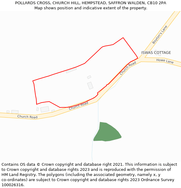 POLLARDS CROSS, CHURCH HILL, HEMPSTEAD, SAFFRON WALDEN, CB10 2PA: Location map and indicative extent of plot