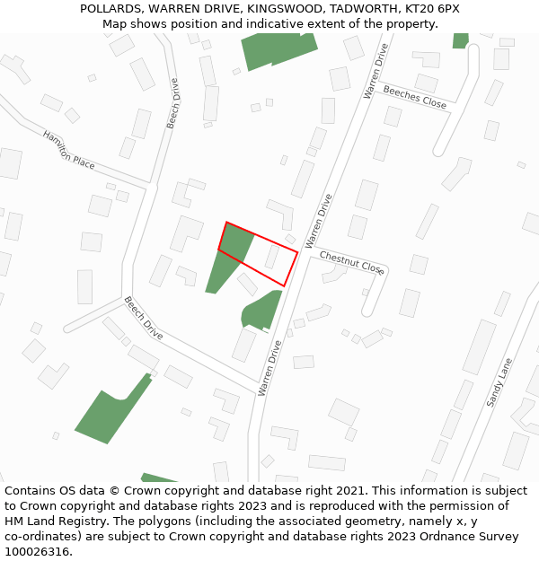POLLARDS, WARREN DRIVE, KINGSWOOD, TADWORTH, KT20 6PX: Location map and indicative extent of plot
