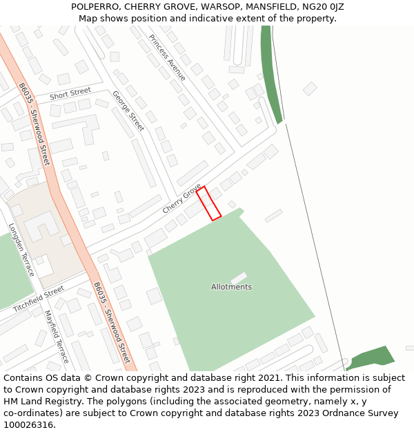 POLPERRO, CHERRY GROVE, WARSOP, MANSFIELD, NG20 0JZ: Location map and indicative extent of plot