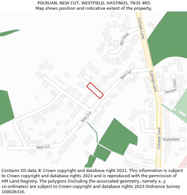 POLRUAN, NEW CUT, WESTFIELD, HASTINGS, TN35 4RD: Location map and indicative extent of plot