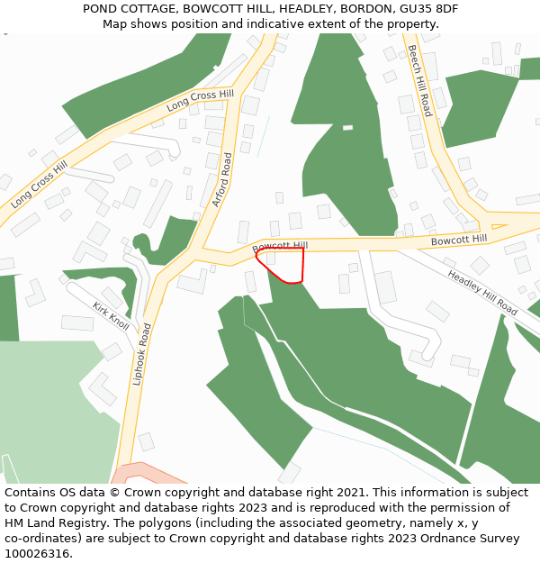 POND COTTAGE, BOWCOTT HILL, HEADLEY, BORDON, GU35 8DF: Location map and indicative extent of plot