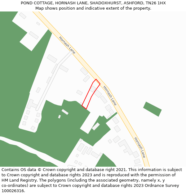 POND COTTAGE, HORNASH LANE, SHADOXHURST, ASHFORD, TN26 1HX: Location map and indicative extent of plot