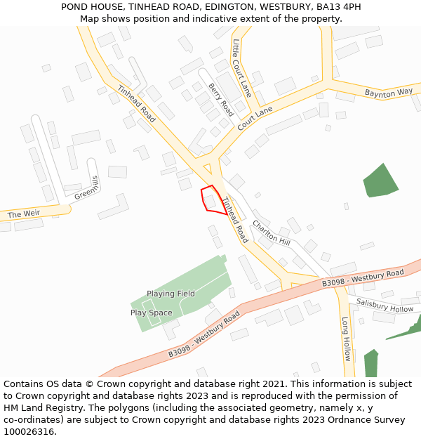 POND HOUSE, TINHEAD ROAD, EDINGTON, WESTBURY, BA13 4PH: Location map and indicative extent of plot