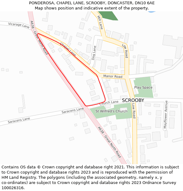 PONDEROSA, CHAPEL LANE, SCROOBY, DONCASTER, DN10 6AE: Location map and indicative extent of plot