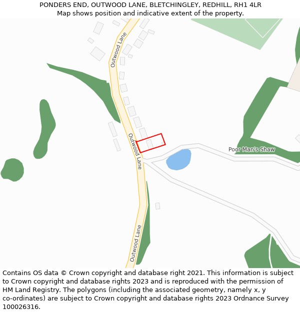 PONDERS END, OUTWOOD LANE, BLETCHINGLEY, REDHILL, RH1 4LR: Location map and indicative extent of plot