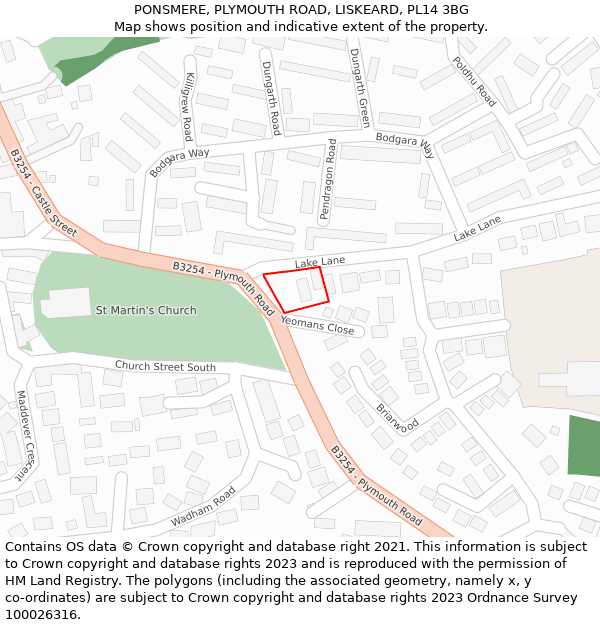 PONSMERE, PLYMOUTH ROAD, LISKEARD, PL14 3BG: Location map and indicative extent of plot