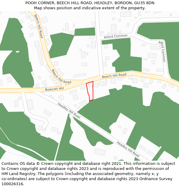 POOH CORNER, BEECH HILL ROAD, HEADLEY, BORDON, GU35 8DN: Location map and indicative extent of plot