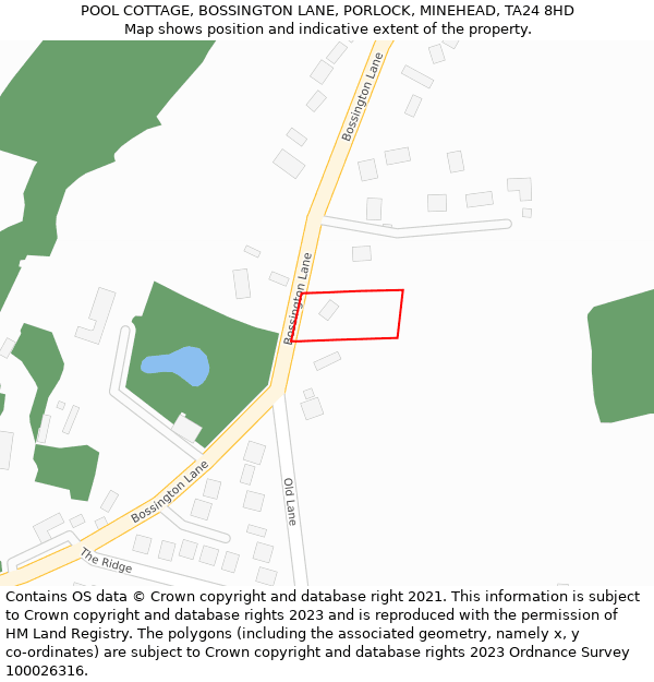 POOL COTTAGE, BOSSINGTON LANE, PORLOCK, MINEHEAD, TA24 8HD: Location map and indicative extent of plot