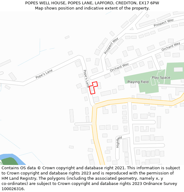 POPES WELL HOUSE, POPES LANE, LAPFORD, CREDITON, EX17 6PW: Location map and indicative extent of plot