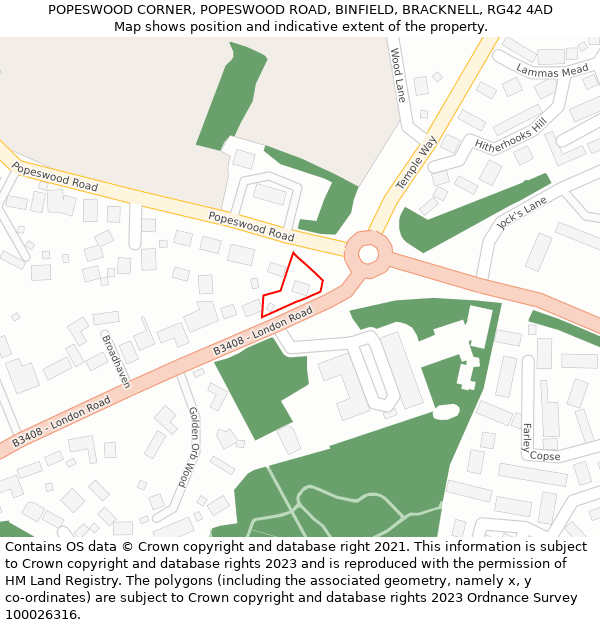 POPESWOOD CORNER, POPESWOOD ROAD, BINFIELD, BRACKNELL, RG42 4AD: Location map and indicative extent of plot