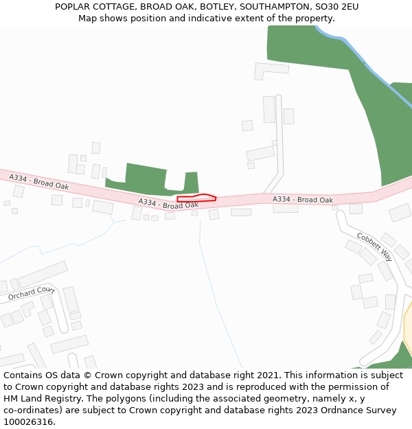 POPLAR COTTAGE, BROAD OAK, BOTLEY, SOUTHAMPTON, SO30 2EU: Location map and indicative extent of plot