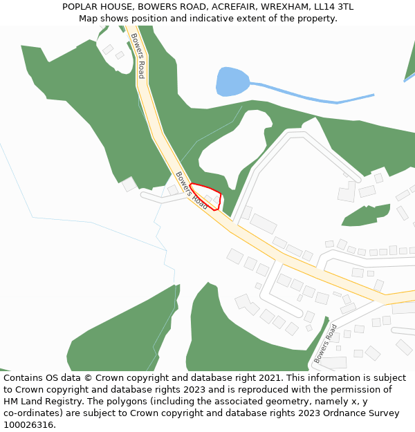 POPLAR HOUSE, BOWERS ROAD, ACREFAIR, WREXHAM, LL14 3TL: Location map and indicative extent of plot