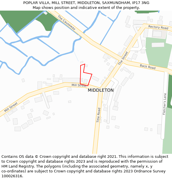 POPLAR VILLA, MILL STREET, MIDDLETON, SAXMUNDHAM, IP17 3NG: Location map and indicative extent of plot