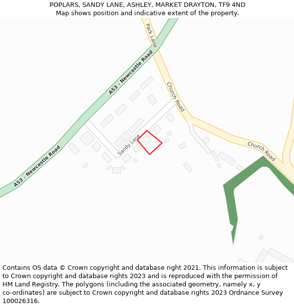 POPLARS, SANDY LANE, ASHLEY, MARKET DRAYTON, TF9 4ND: Location map and indicative extent of plot