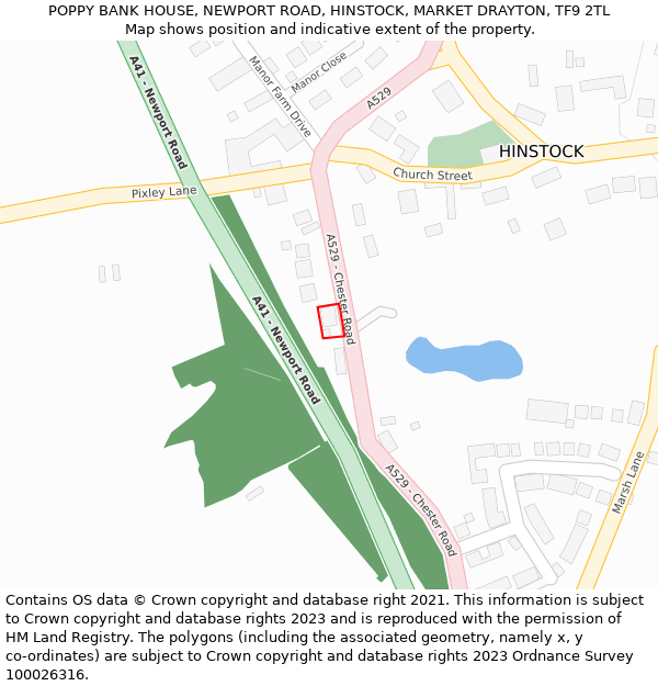 POPPY BANK HOUSE, NEWPORT ROAD, HINSTOCK, MARKET DRAYTON, TF9 2TL: Location map and indicative extent of plot