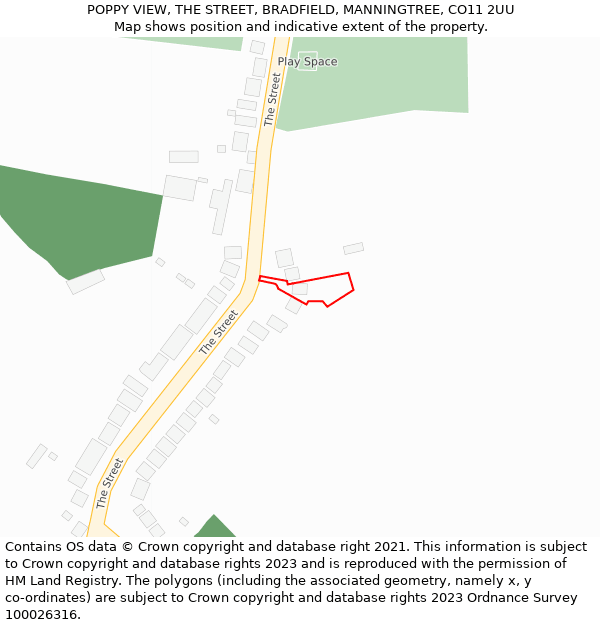 POPPY VIEW, THE STREET, BRADFIELD, MANNINGTREE, CO11 2UU: Location map and indicative extent of plot
