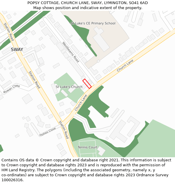 POPSY COTTAGE, CHURCH LANE, SWAY, LYMINGTON, SO41 6AD: Location map and indicative extent of plot