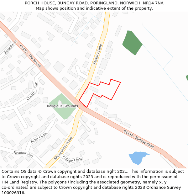 PORCH HOUSE, BUNGAY ROAD, PORINGLAND, NORWICH, NR14 7NA: Location map and indicative extent of plot