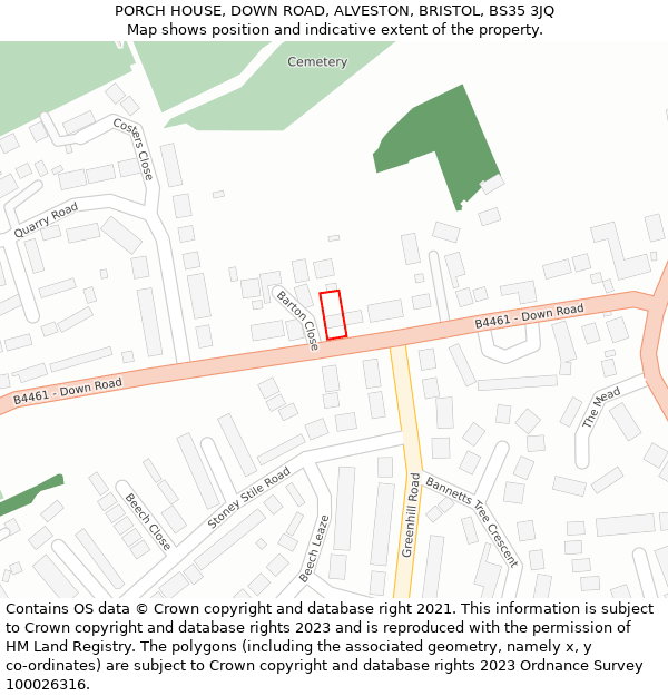 PORCH HOUSE, DOWN ROAD, ALVESTON, BRISTOL, BS35 3JQ: Location map and indicative extent of plot