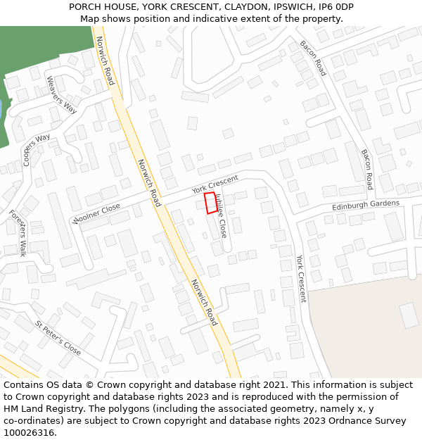 PORCH HOUSE, YORK CRESCENT, CLAYDON, IPSWICH, IP6 0DP: Location map and indicative extent of plot