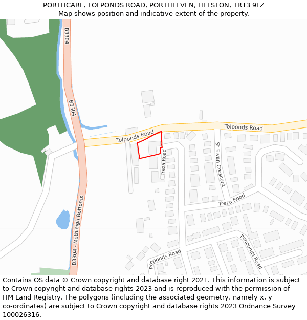 PORTHCARL, TOLPONDS ROAD, PORTHLEVEN, HELSTON, TR13 9LZ: Location map and indicative extent of plot