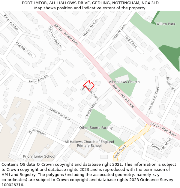 PORTHMEOR, ALL HALLOWS DRIVE, GEDLING, NOTTINGHAM, NG4 3LD: Location map and indicative extent of plot