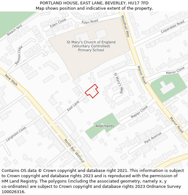 PORTLAND HOUSE, EAST LANE, BEVERLEY, HU17 7FD: Location map and indicative extent of plot