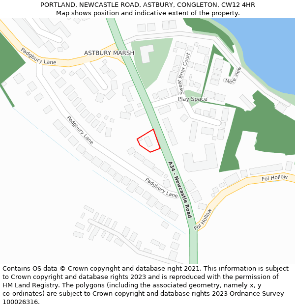 PORTLAND, NEWCASTLE ROAD, ASTBURY, CONGLETON, CW12 4HR: Location map and indicative extent of plot