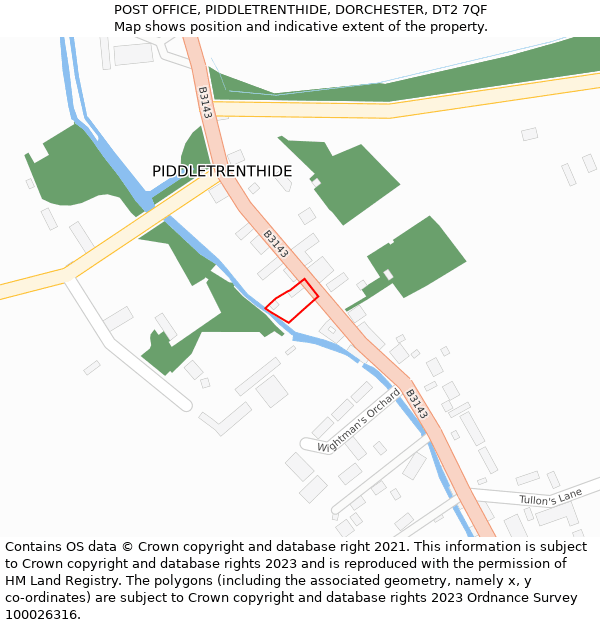 POST OFFICE, PIDDLETRENTHIDE, DORCHESTER, DT2 7QF: Location map and indicative extent of plot