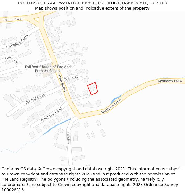 POTTERS COTTAGE, WALKER TERRACE, FOLLIFOOT, HARROGATE, HG3 1ED: Location map and indicative extent of plot