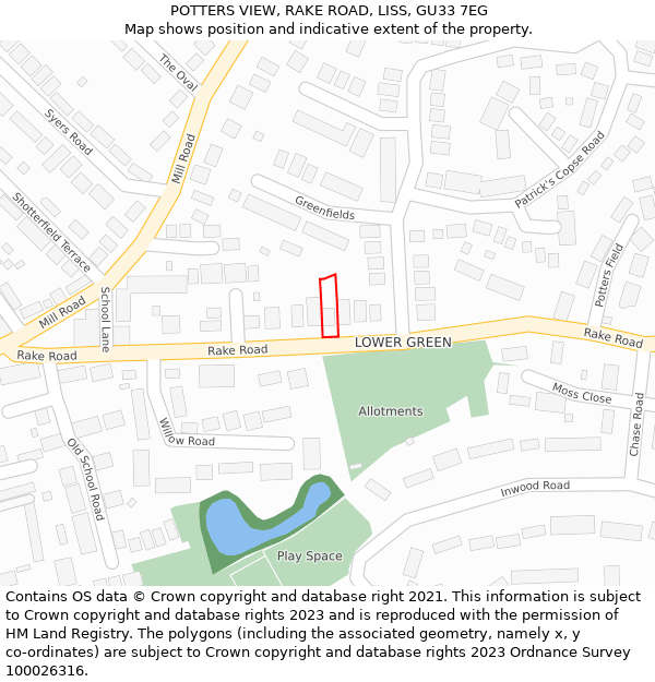 POTTERS VIEW, RAKE ROAD, LISS, GU33 7EG: Location map and indicative extent of plot