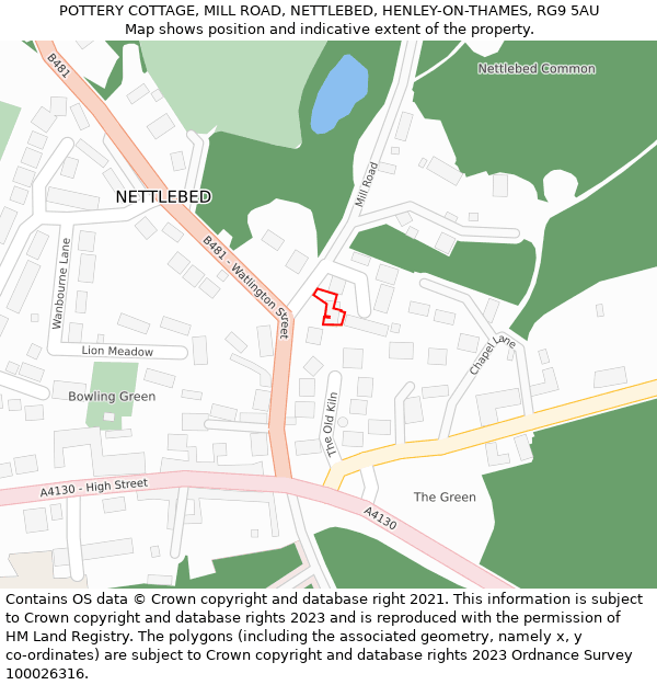 POTTERY COTTAGE, MILL ROAD, NETTLEBED, HENLEY-ON-THAMES, RG9 5AU: Location map and indicative extent of plot