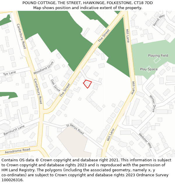 POUND COTTAGE, THE STREET, HAWKINGE, FOLKESTONE, CT18 7DD: Location map and indicative extent of plot