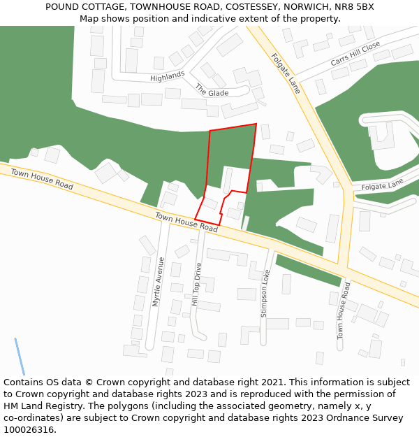 POUND COTTAGE, TOWNHOUSE ROAD, COSTESSEY, NORWICH, NR8 5BX: Location map and indicative extent of plot