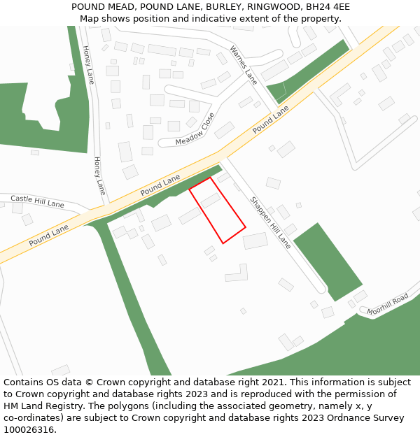 POUND MEAD, POUND LANE, BURLEY, RINGWOOD, BH24 4EE: Location map and indicative extent of plot