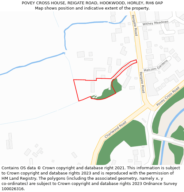 POVEY CROSS HOUSE, REIGATE ROAD, HOOKWOOD, HORLEY, RH6 0AP: Location map and indicative extent of plot