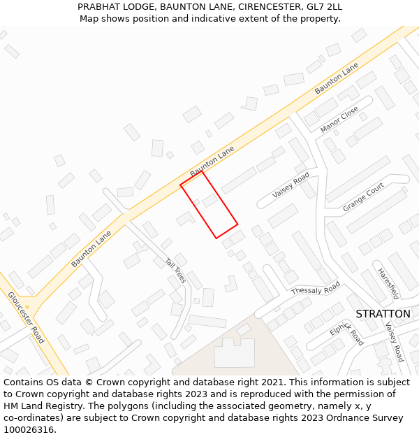 PRABHAT LODGE, BAUNTON LANE, CIRENCESTER, GL7 2LL: Location map and indicative extent of plot