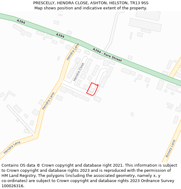 PRESCELLY, HENDRA CLOSE, ASHTON, HELSTON, TR13 9SS: Location map and indicative extent of plot