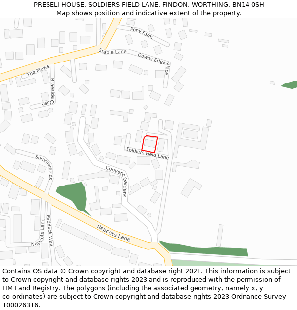 PRESELI HOUSE, SOLDIERS FIELD LANE, FINDON, WORTHING, BN14 0SH: Location map and indicative extent of plot