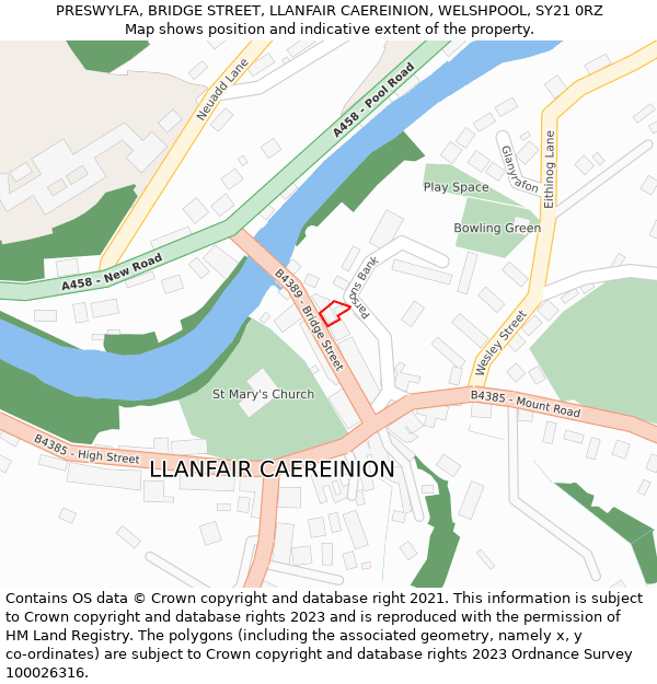 PRESWYLFA, BRIDGE STREET, LLANFAIR CAEREINION, WELSHPOOL, SY21 0RZ: Location map and indicative extent of plot