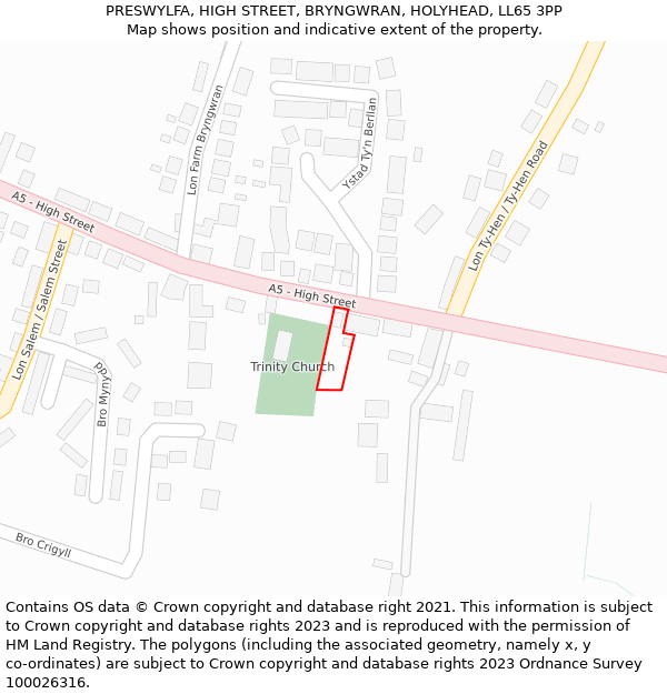 PRESWYLFA, HIGH STREET, BRYNGWRAN, HOLYHEAD, LL65 3PP: Location map and indicative extent of plot