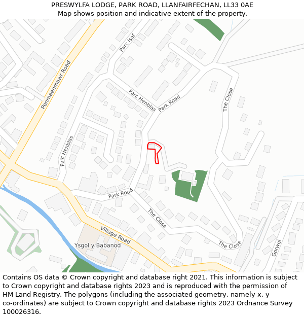 PRESWYLFA LODGE, PARK ROAD, LLANFAIRFECHAN, LL33 0AE: Location map and indicative extent of plot