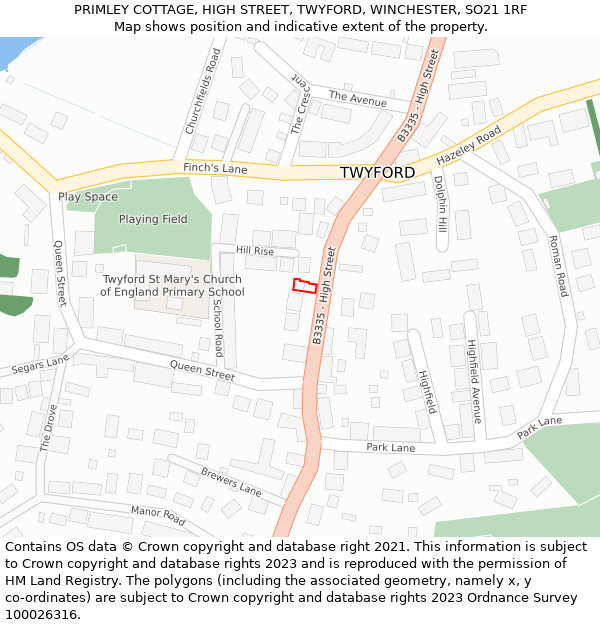 PRIMLEY COTTAGE, HIGH STREET, TWYFORD, WINCHESTER, SO21 1RF: Location map and indicative extent of plot