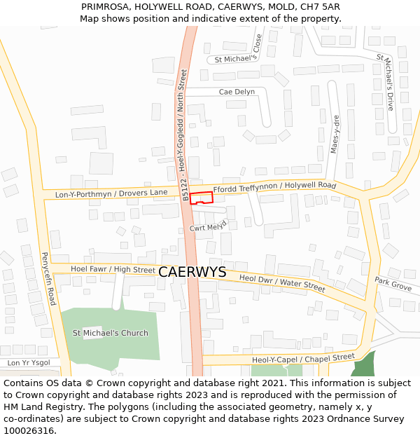 PRIMROSA, HOLYWELL ROAD, CAERWYS, MOLD, CH7 5AR: Location map and indicative extent of plot