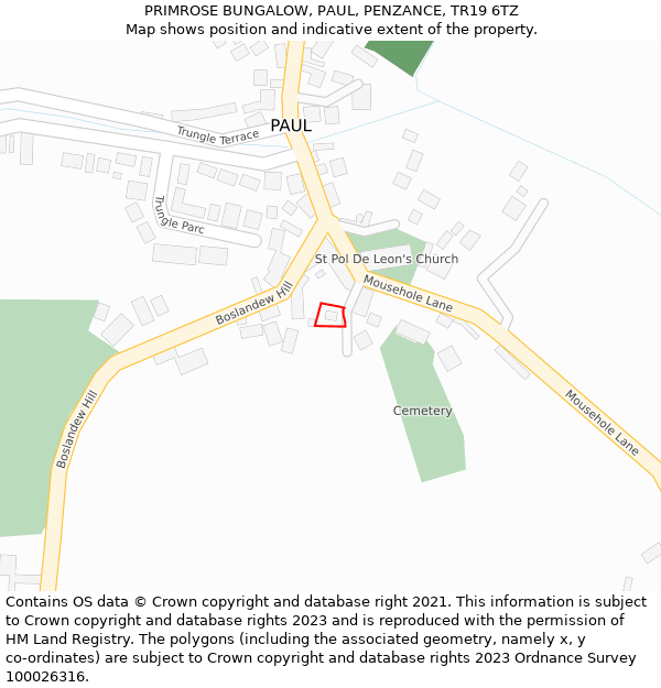 PRIMROSE BUNGALOW, PAUL, PENZANCE, TR19 6TZ: Location map and indicative extent of plot