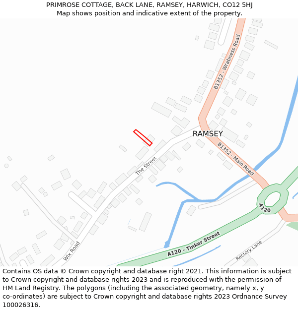 PRIMROSE COTTAGE, BACK LANE, RAMSEY, HARWICH, CO12 5HJ: Location map and indicative extent of plot