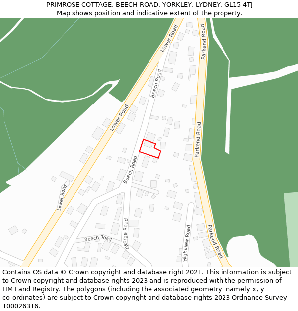 PRIMROSE COTTAGE, BEECH ROAD, YORKLEY, LYDNEY, GL15 4TJ: Location map and indicative extent of plot