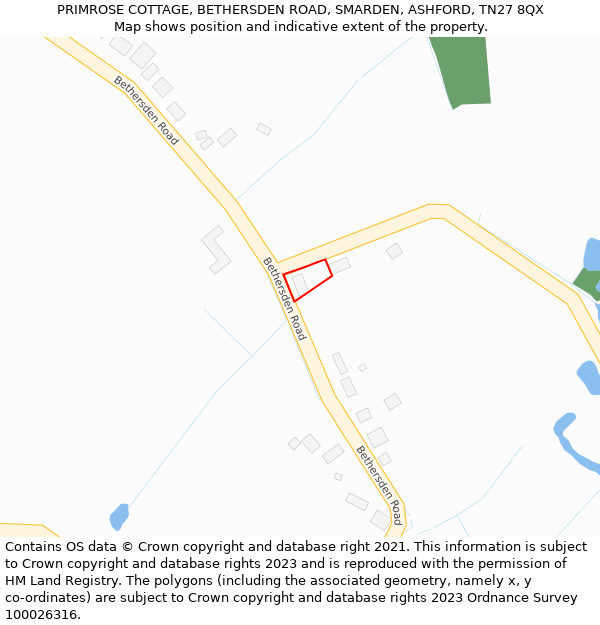 PRIMROSE COTTAGE, BETHERSDEN ROAD, SMARDEN, ASHFORD, TN27 8QX: Location map and indicative extent of plot