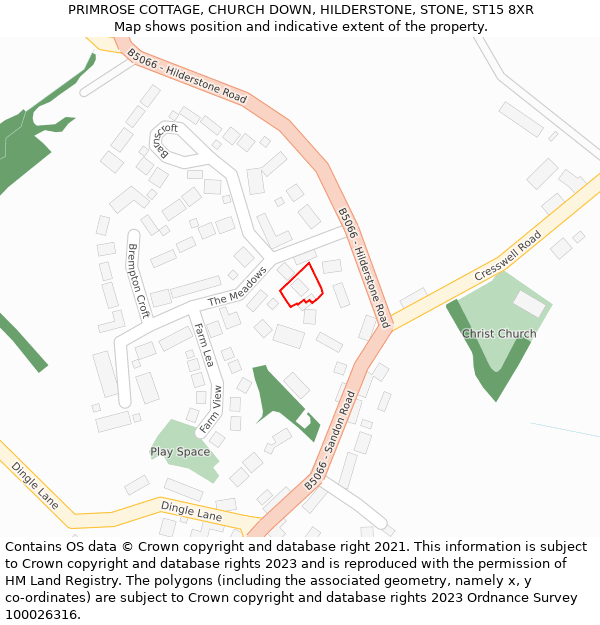PRIMROSE COTTAGE, CHURCH DOWN, HILDERSTONE, STONE, ST15 8XR: Location map and indicative extent of plot