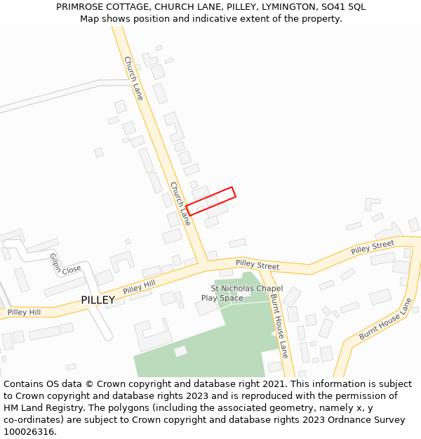 PRIMROSE COTTAGE, CHURCH LANE, PILLEY, LYMINGTON, SO41 5QL: Location map and indicative extent of plot